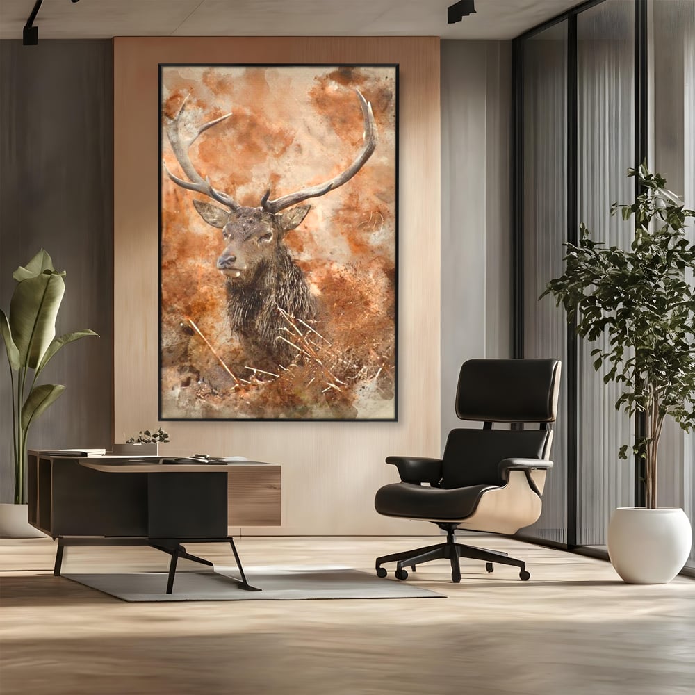 Tablou canvas cu tablou canvas cu cerb in padure, in rama de aluminiu negru, pe perete intr-un birou